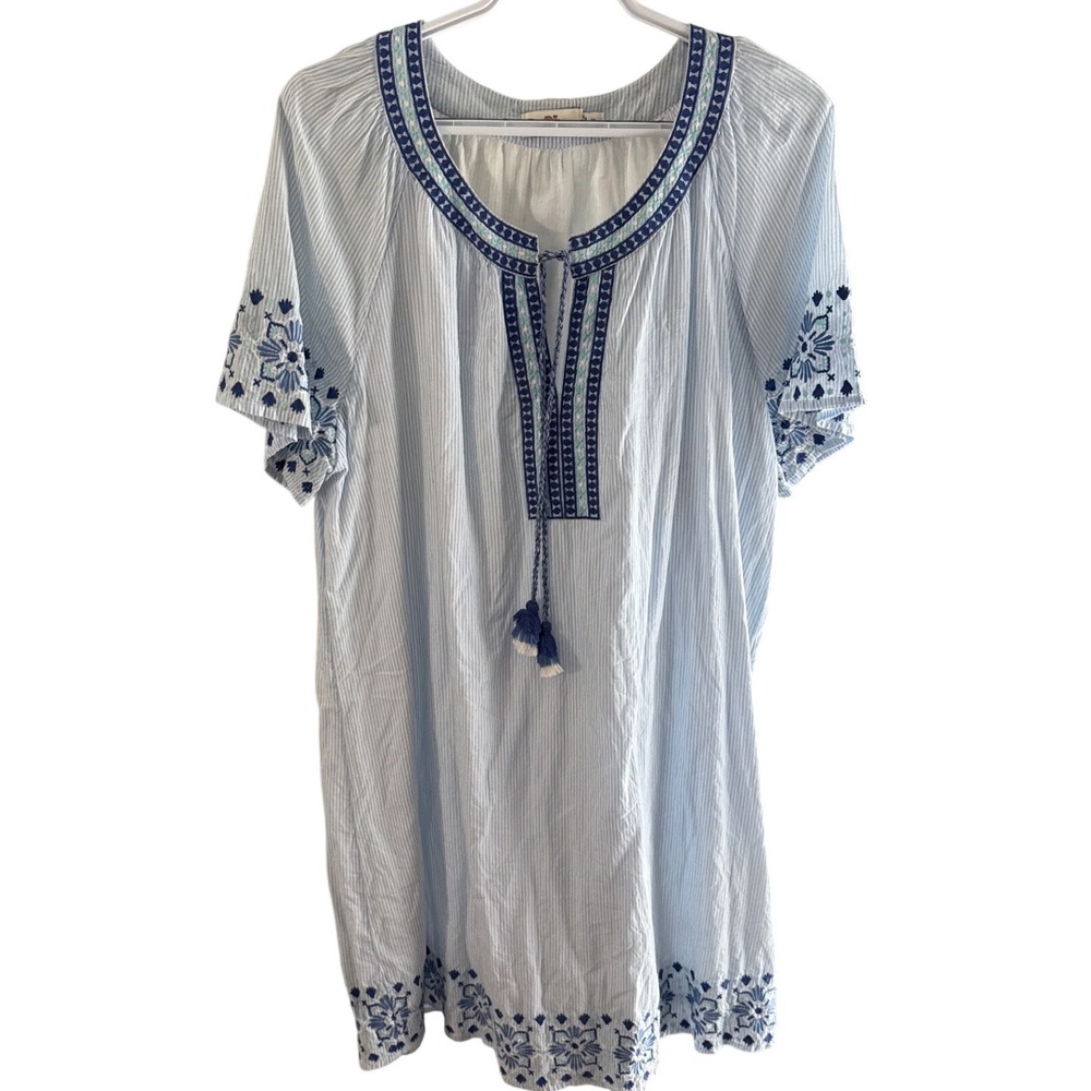 Vineyard Vines Womens XL Blue White Seersucker Embroidered Tassel Shift Dress